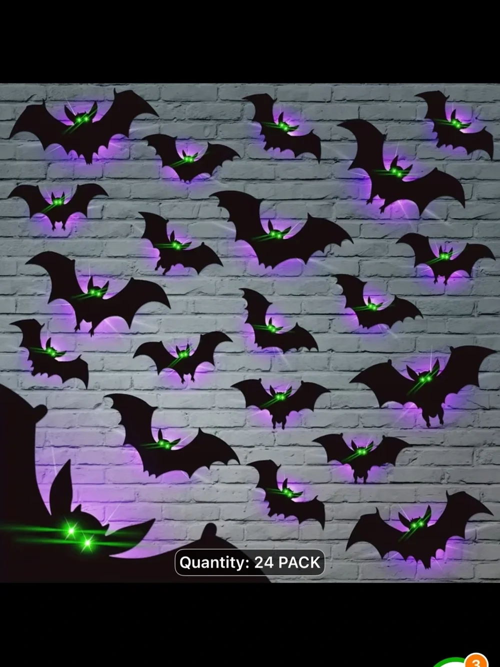 Halloween Bat Wall Decorations with Purple and Green LED Lights - 24 Pack